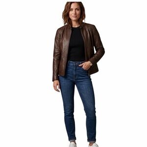 🌟🌟 IPARELDE Brown Leather Moto Jacket for Women- biker -2xl-retro-streetwear🌟